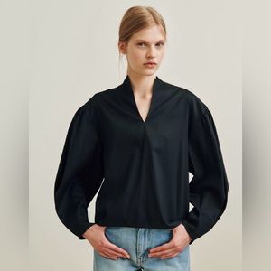 Auth Toteme Peone Black Gathered Sleeve Blouse Top Cotton Blend Shirt Small S